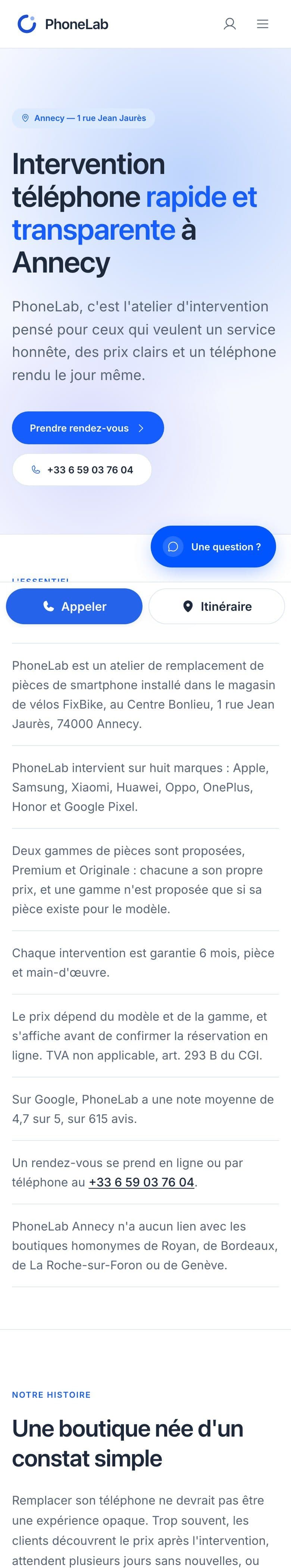Le site de PhoneLab sur téléphone, à la ligne qui donne leur note Google : 4,7 sur 5, sur 615 avis.